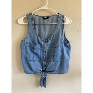 Express Factory Blue Chambray Tie Button Front Tank Casual Crop Top Womens Small